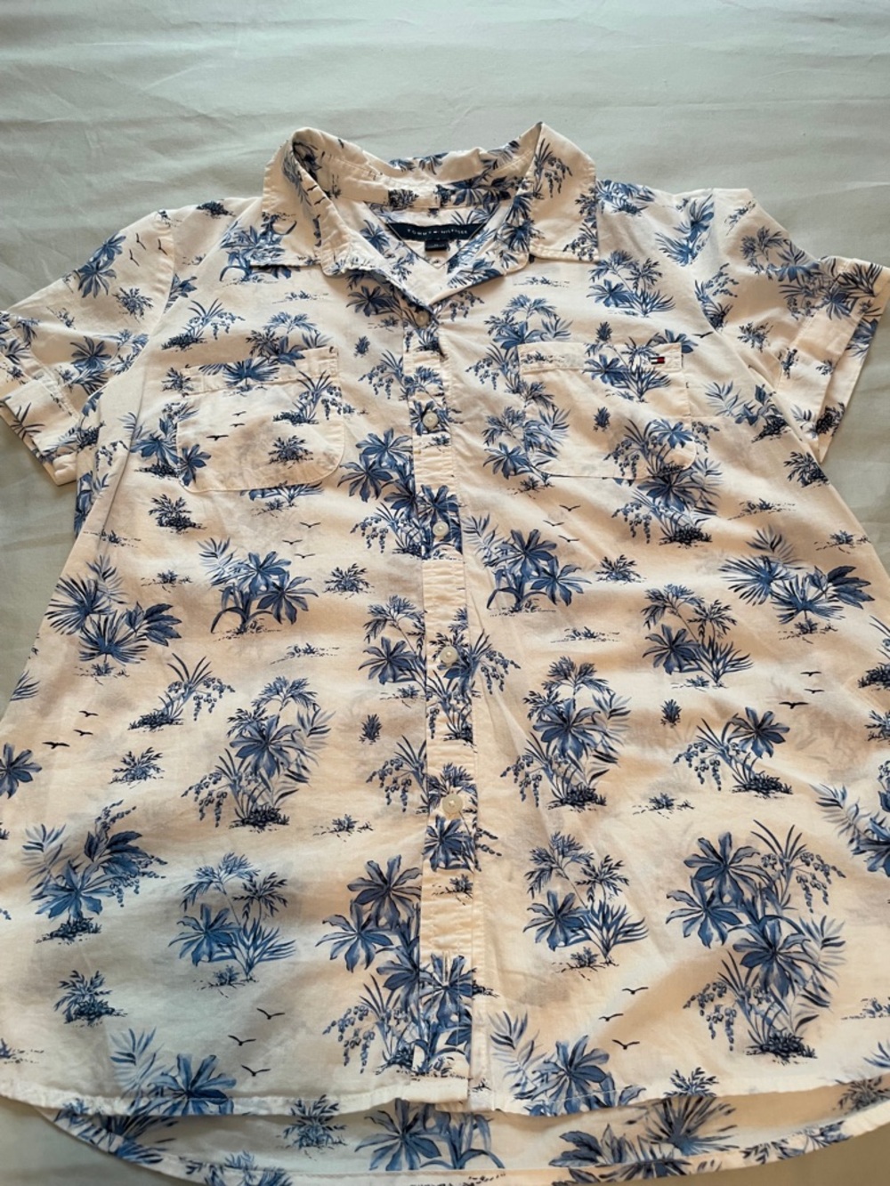 Tommy Hilfiger Cream Short Sleeve Button-Up with Blue Tropical Print